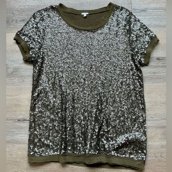 J. Crew EUC Olive Green Sequin Embellished Short Sleeve Top Shirt Blouse Size M - Picture 2 of 8